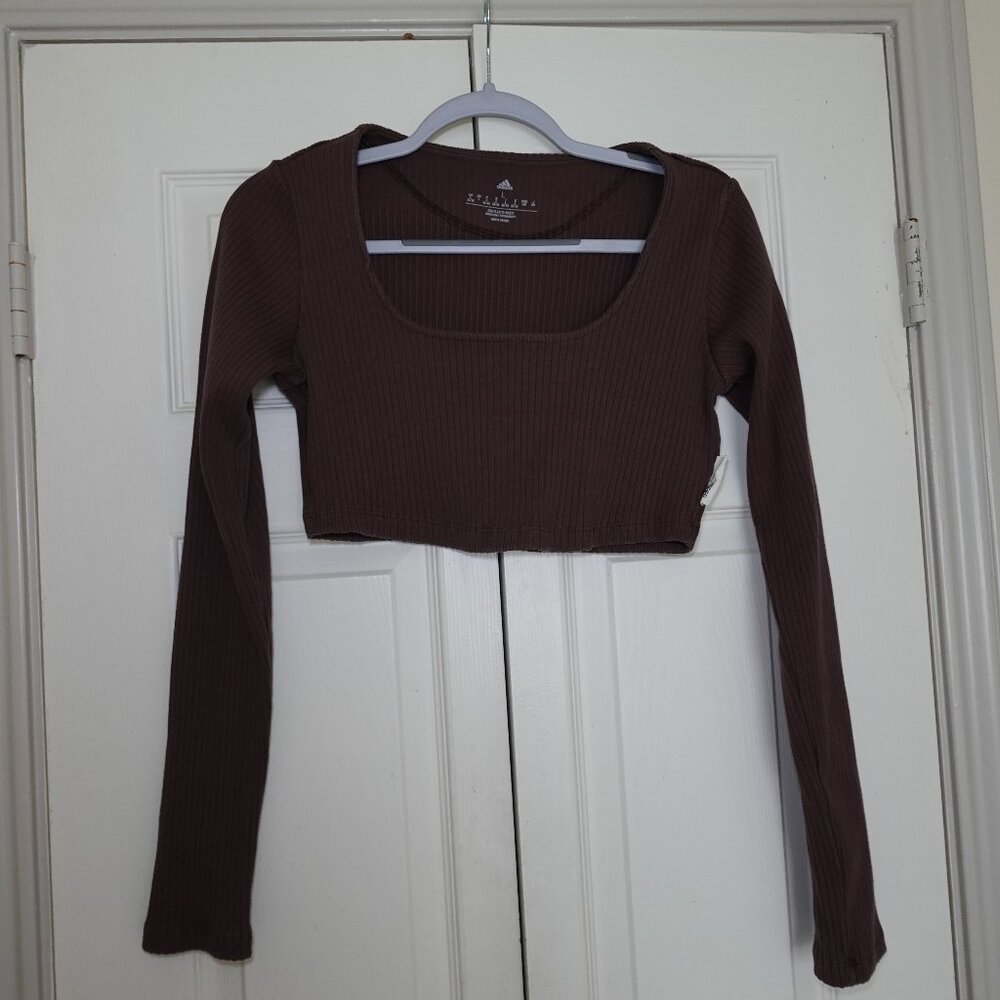 Adidas Studio Lounge Ribbed Cropped Long Sleeve Tee - Brown